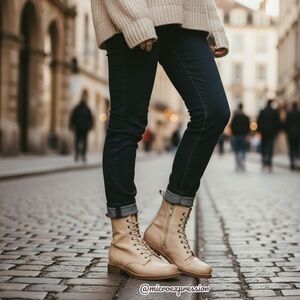 $399 Frye Veronica Combat Tan Cream Distressed Leather Lace Up Vintage Moto Boot